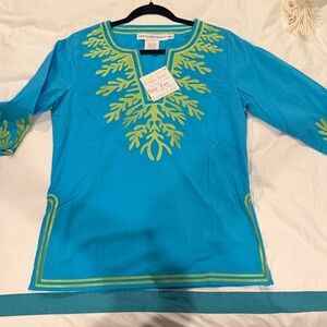 Gretchen Scott Designs Turquoise Tunic with Lime Embroidery